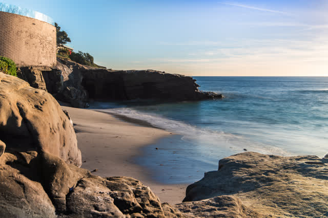 Elevated view of the beach, the ocean and the cliffs at Windansea.