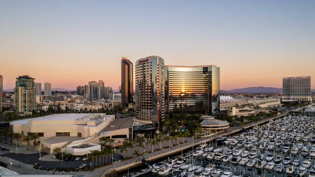 Aerial view of the downtown streets, the skyline and boats at San Diego Marina.