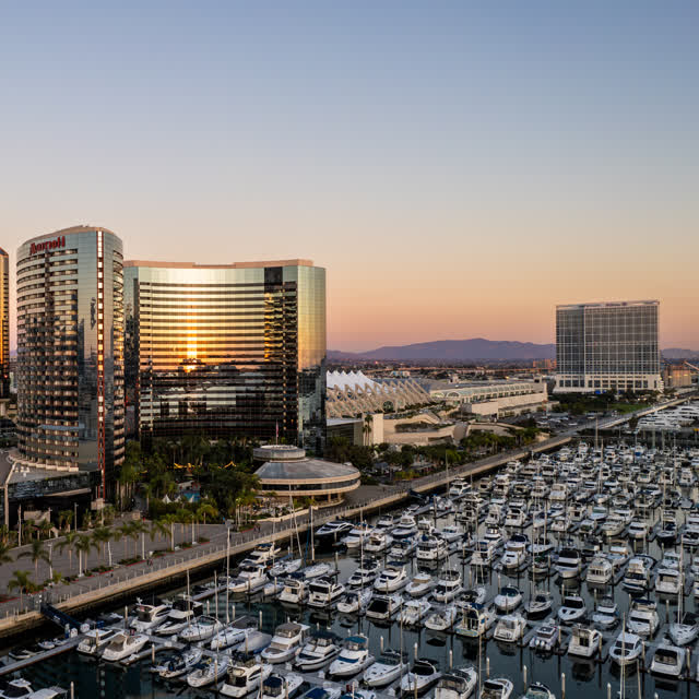 Aerial view of the harbor, the skyline and boats at San Diego Marina.
