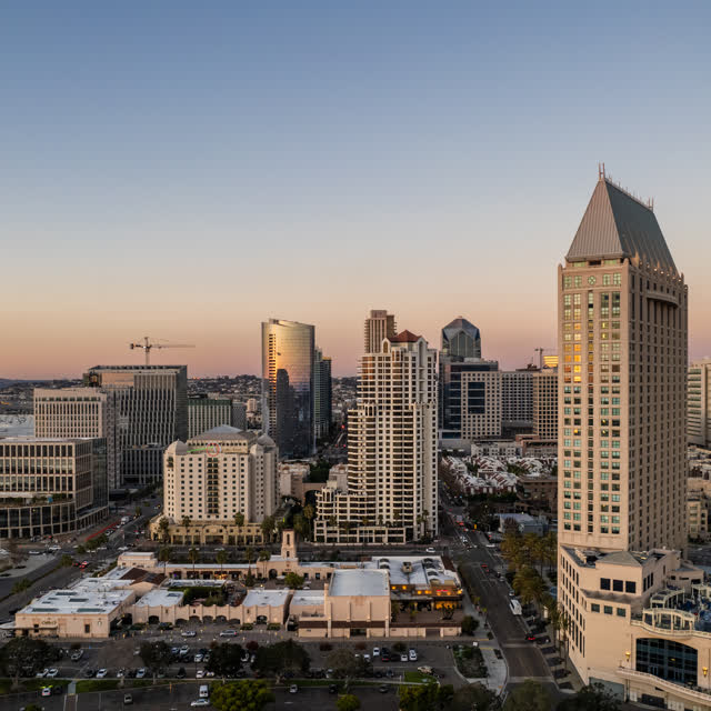 Aerial view of the downtown streets, the skyline and palm trees at San Diego Marina.