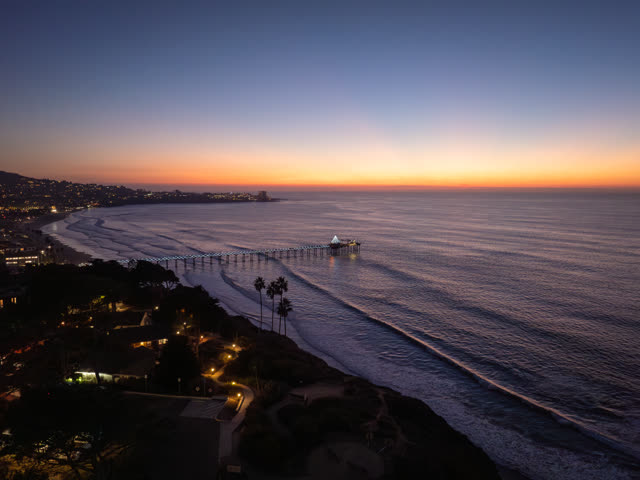 Aerial view of the cliffs, the surf and the pier at La Jolla Shores.