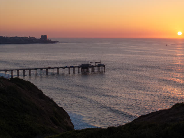 Aerial view of the cliffs, the pier and boats at La Jolla Shores.