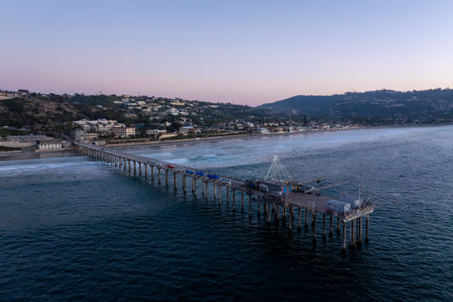 Aerial view of the beach, the pier and the ocean at La Jolla Shores.