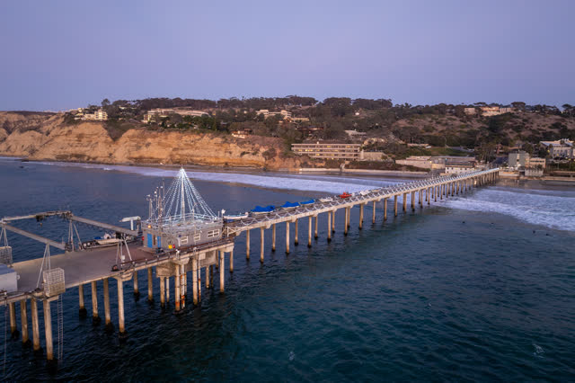 Aerial view of the beach, the surf and the pier at La Jolla Shores.