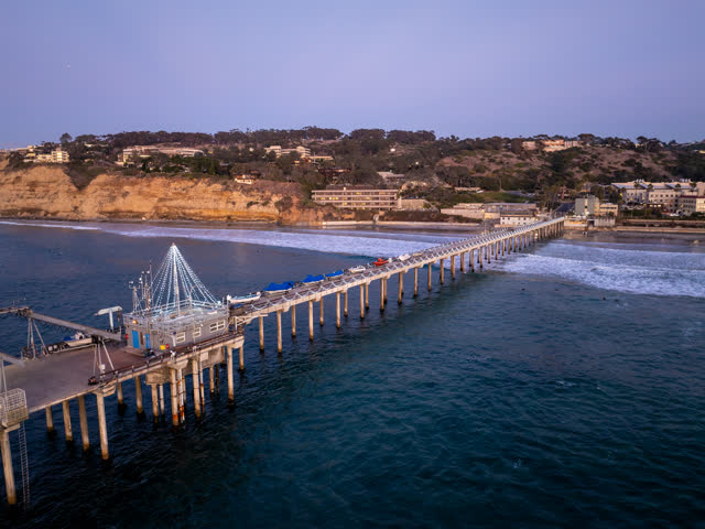 Aerial view of the beach, the pier and the ocean at La Jolla Shores.