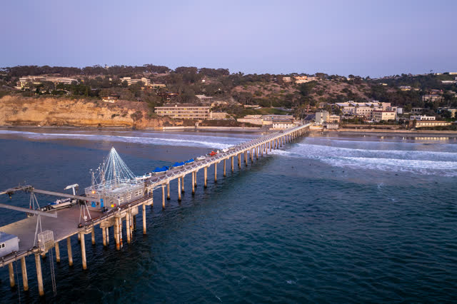 Aerial view of the beach, the surf and the pier at La Jolla Shores.