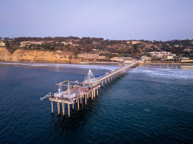 Aerial view of the beach, the pier and the ocean at La Jolla Shores.
