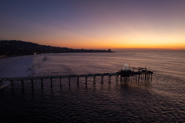 Aerial view of the beach, the pier and the ocean at La Jolla Shores.