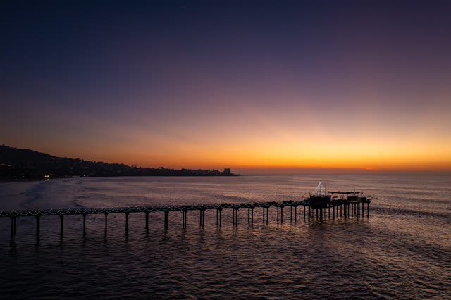 Low aerial view of the beach, the pier and the ocean at La Jolla Shores.