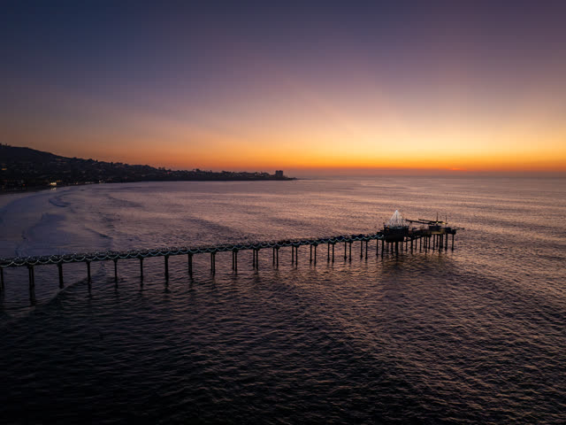 Aerial view of the beach, the pier and the ocean at La Jolla Shores.