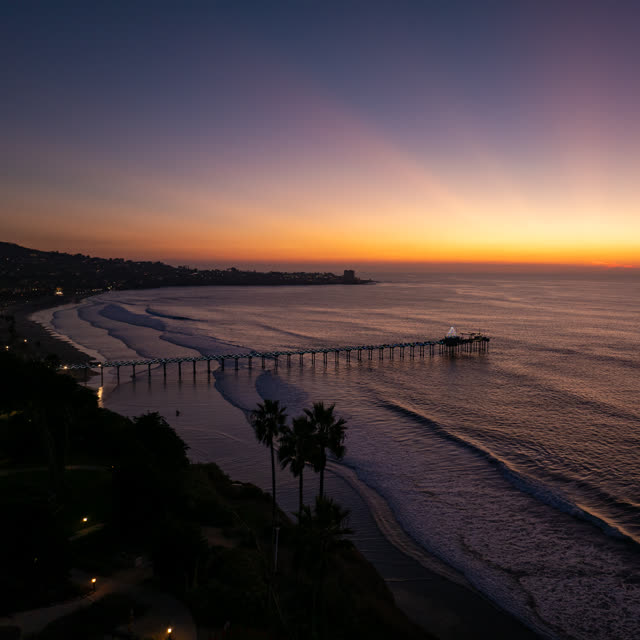 Aerial view of the beach, the surf and the pier at La Jolla Shores.