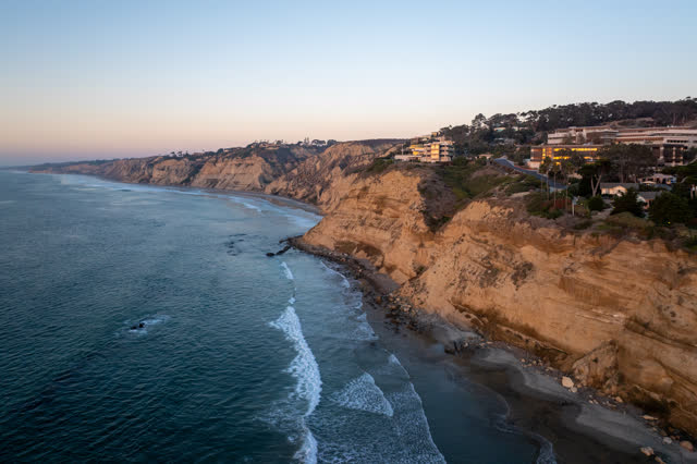 Aerial view of the cliffs, the ocean and homes at La Jolla Shores.