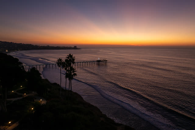Aerial view of the cliffs, the pier and palm trees at La Jolla Shores.