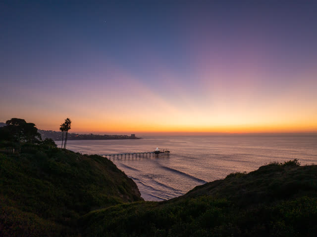 Elevated view of the cliffs, the pier and palm trees at La Jolla Shores.