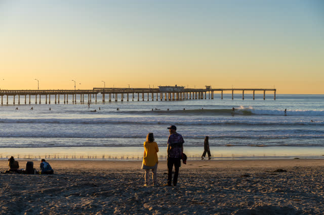 The beach, the surf and the pier in Ocean Beach, with people walking.