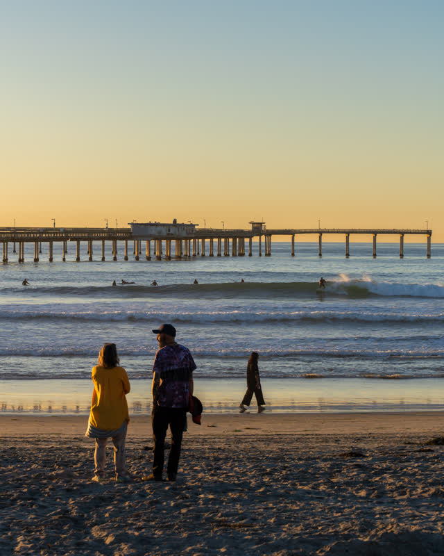The beach, the surf and the pier in Ocean Beach, with people walking.