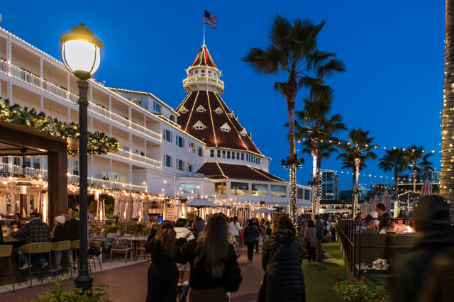 The downtown streets, palm trees and the buildings at Coronado Beach, with a crowd gathered.