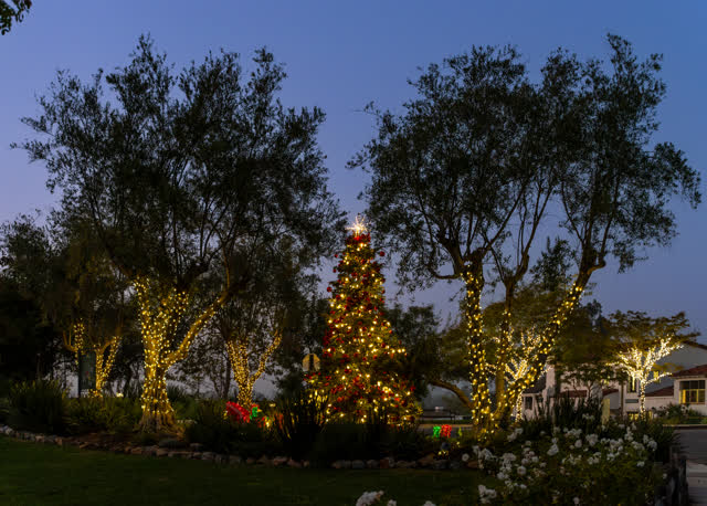 Photo of the Christmas tree at the Inn at Rancho Santa Fe captured during a beautiful twilight evening showcasing festive lights elegant architecture and classic holiday atmosphere | Photo