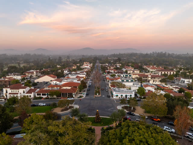 Aerial view of the downtown streets, homes and the buildings at Covenant.