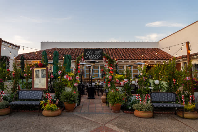 The downtown streets, homes and the buildings at Covenant, with people eating outside.