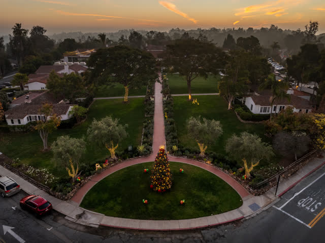 Aerial view of a residential street, homes and the buildings at Covenant.