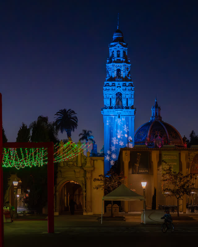 A park, palm trees and the buildings in Balboa Park, with a crowd gathered.