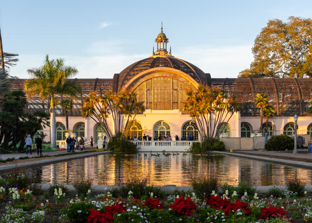 A park, palm trees and the buildings in Balboa Park, with people walking.