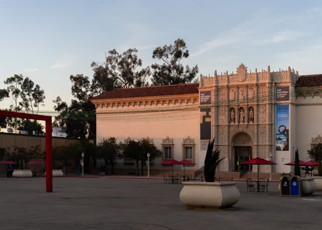 A park, the buildings and open country in Balboa Park.