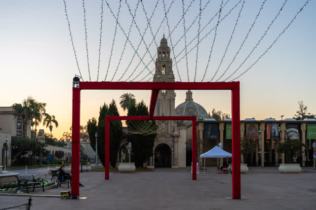 A park, palm trees and the buildings in Balboa Park.