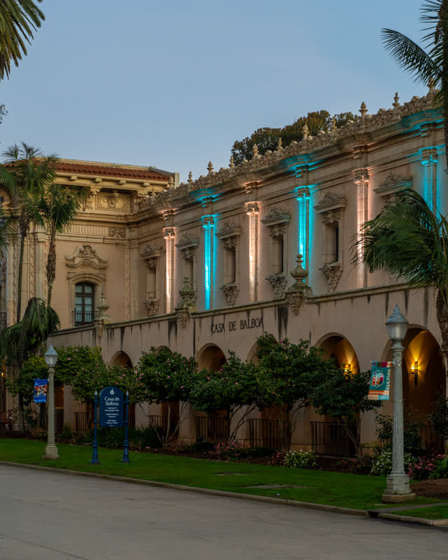 A park, palm trees and the buildings in Balboa Park.