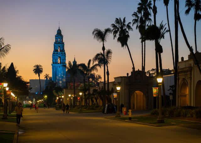 A park, palm trees and the buildings in Balboa Park, with people walking.
