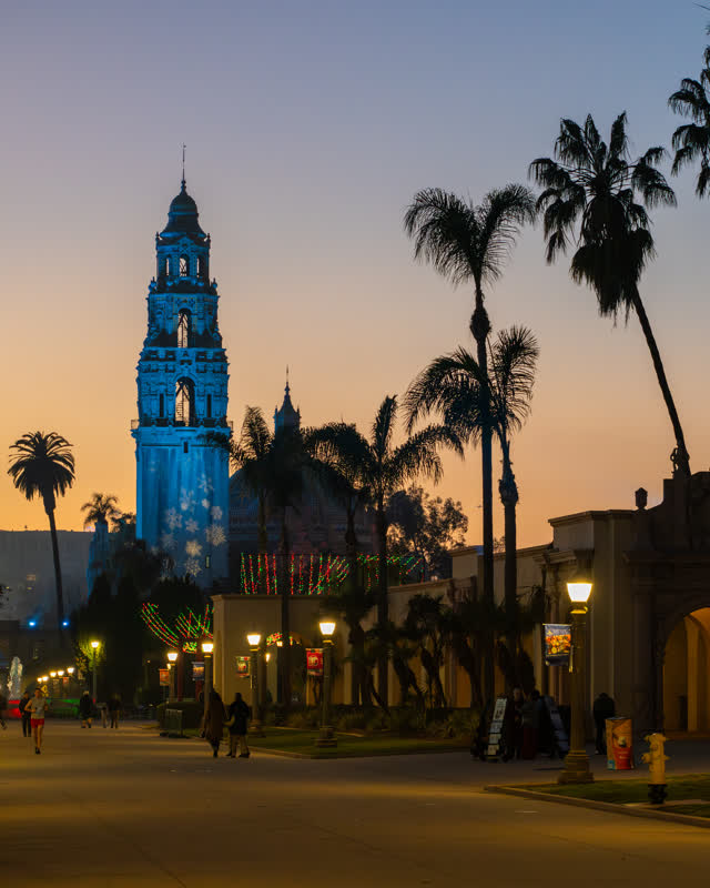 A park, palm trees and the buildings in Balboa Park, with people walking.