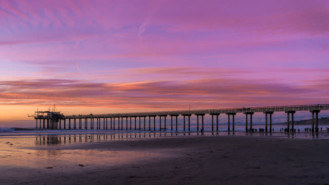 The beach, the pier and the ocean at La Jolla Shores, with people walking.