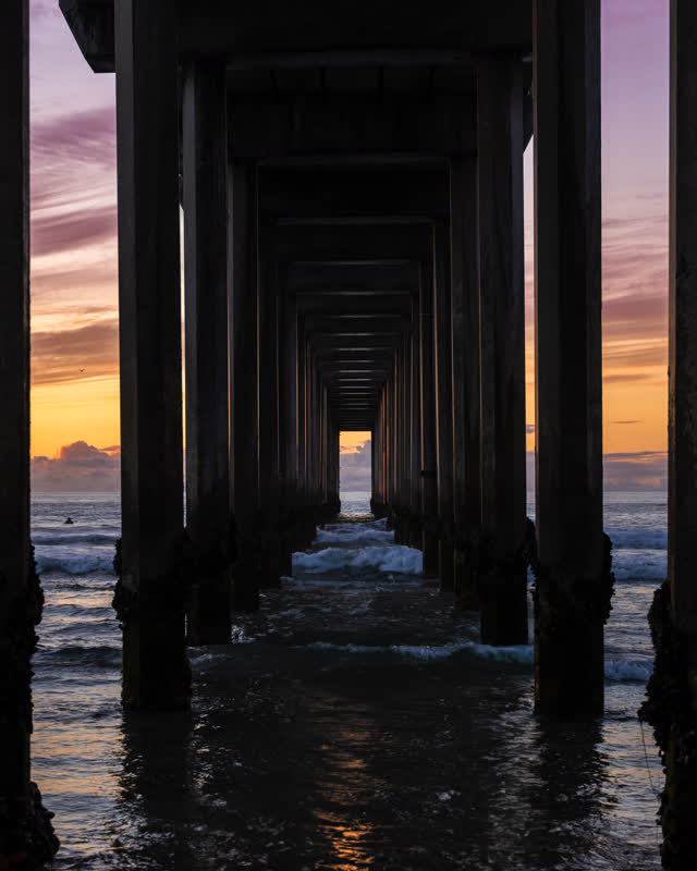 View from the water of the beach, the surf and the pier at La Jolla Shores.