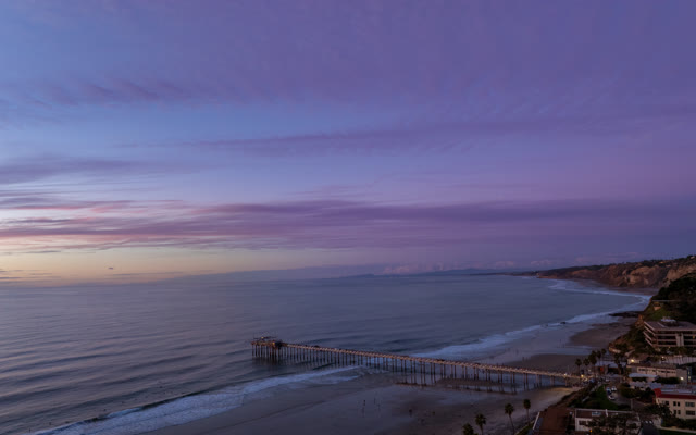 Aerial view of the beach, the pier and the ocean at La Jolla Shores.