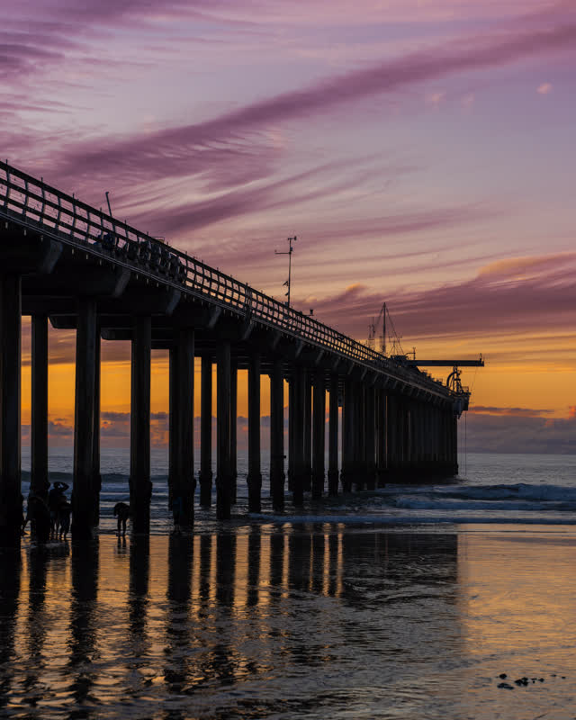 The beach, the surf and the pier at La Jolla Shores, with people walking.