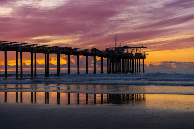 The beach, the surf and the pier at La Jolla Shores.