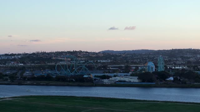 Aerial view of the country inland, palm trees and the bay in Mission Bay.