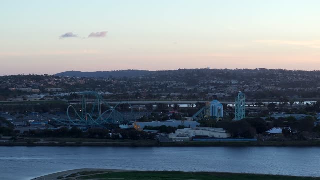 Aerial view of the country inland, the bay and homes in Mission Bay.