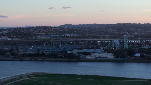 Aerial view of the country inland, the bay and homes in Mission Bay.