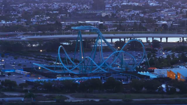 Aerial view of the country inland, homes and traffic in Mission Bay.