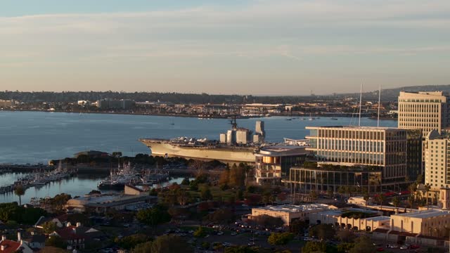 Aerial view of the harbor, the skyline and boats at Embarcadero.