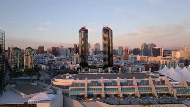 Aerial view of the downtown streets, the skyline and the buildings at Marina.