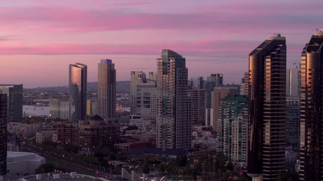 Aerial view of the downtown streets, the skyline and the buildings at Marina.