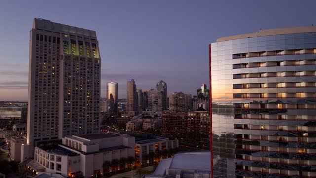 Aerial view of the downtown streets, the skyline and homes at Marina.