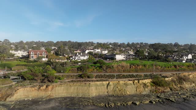 Low aerial view of the cliffs, palm trees and homes in Del Mar.