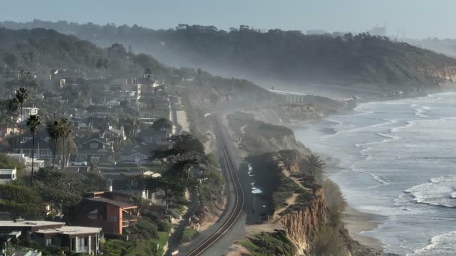Aerial view of the cliffs, palm trees and the ocean in Del Mar.