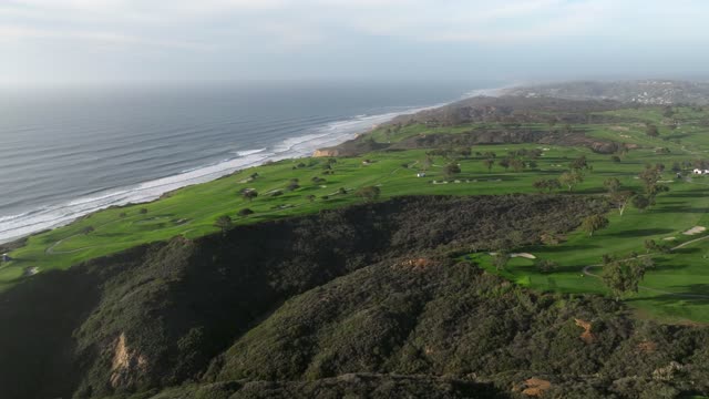 Aerial view of the cliffs, the surf and the ocean at Black’s Beach.