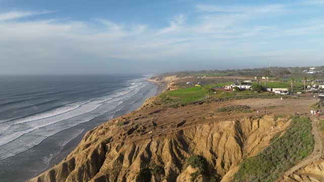 Aerial view of the cliffs, the surf and the ocean at Black’s Beach, with people walking.