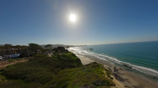 Aerial view of the cliffs, the pier and the ocean at La Jolla Shores.